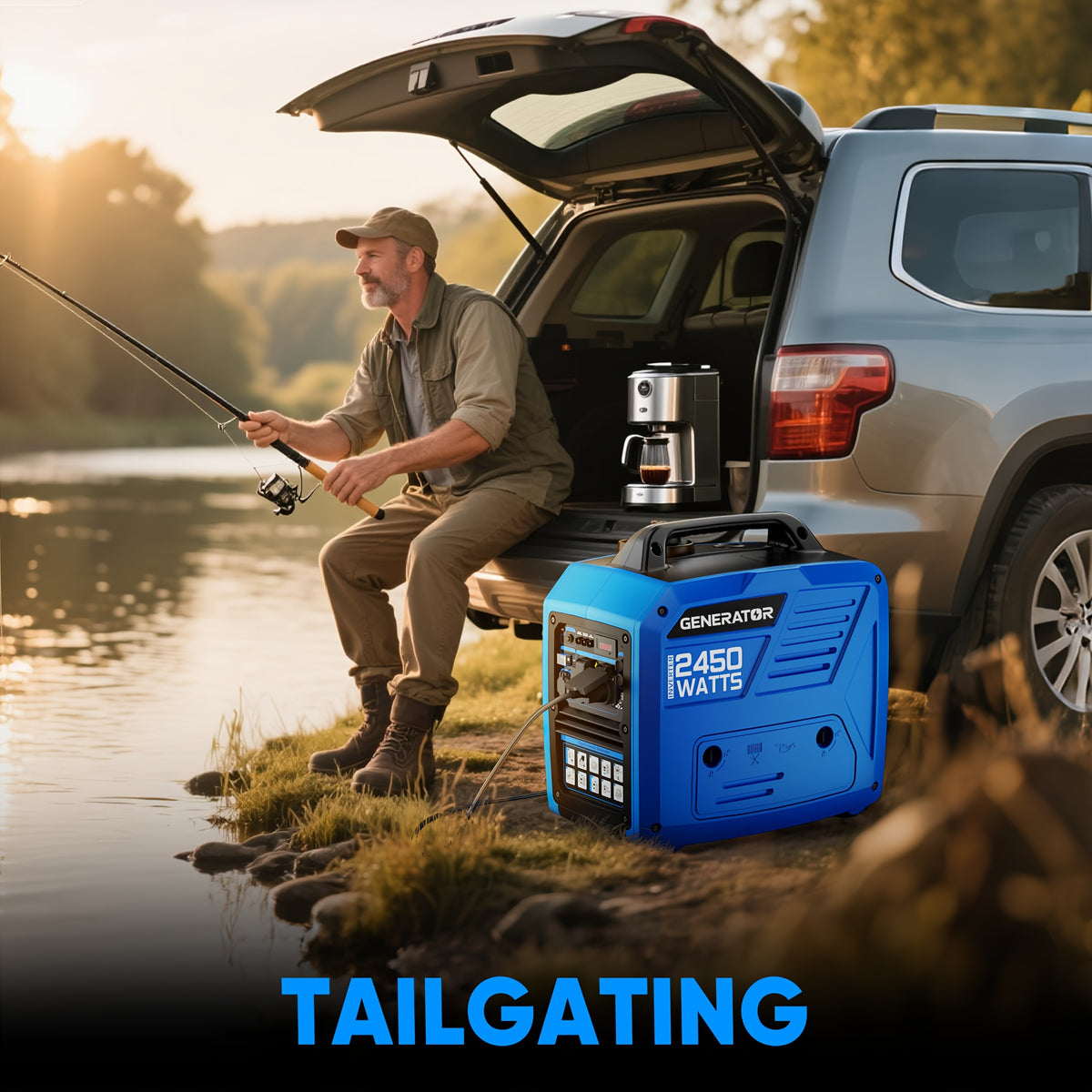 2450W Portable Inverter Generator - Ultra-Quiet Gas Generator with 1.6-Gallon Fuel Tank - Up to 8.3-Hour Runtime for Home Backup, RV Camping & Emergency Outages
