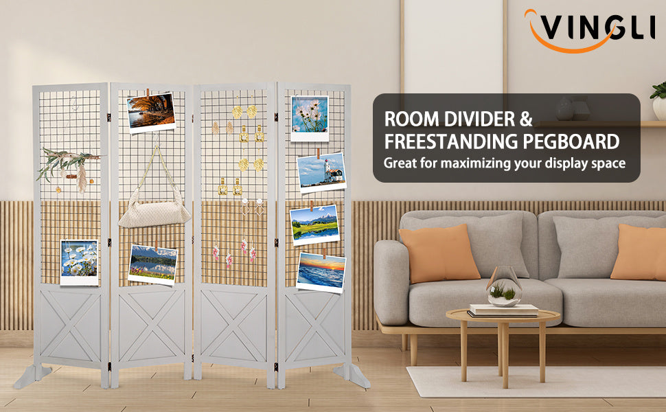 VINGLI Room Divider Freestanding Grid Wall, 4 Panel Folding Display Board Organizer with Base Feet, Decorative Wooden Frame Wire Grid Screens for Craft Shows Events Retail