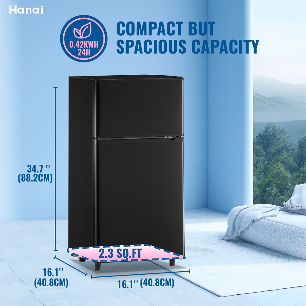 WANAI Double Door Small Refrigerator with Freezer-On-Top, 3.5 Cubic Feet Mini Fridge with 7-Level Adjustable Thermostat for Office, Dorm, Bedroom, Home And Apartment