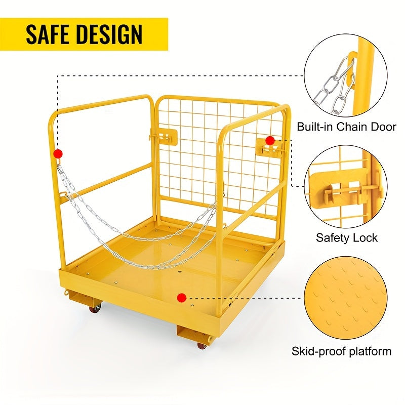 Forklift Safety Cage, 1200lbs Capacity Forklift Man Basket, 36'' X 36'' Foldable Forklift Work Platform For 1-2 People With 4 Wheels, Service Car Cage, Perfect For Aerial Work