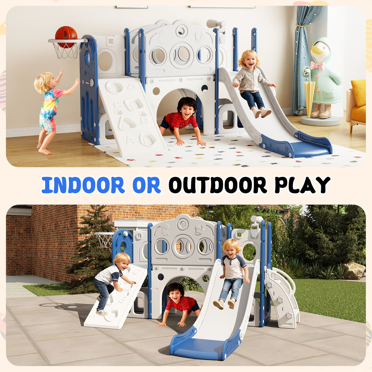 9in 1 Toddler Slide Set Playground Indoor & Outdoor Fun for Kids & Babies, Featuring Climbing Board, Basketball Hoop, Telescope, Storage Space And Non-Slip Steps
