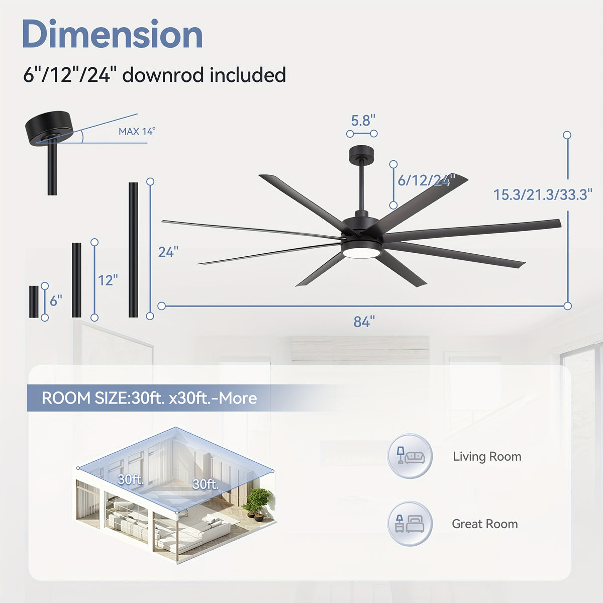 [Indoor/Outdoor Ceiling Fan] 84" Industrial Large Ceiling Fans with Lights Remote Control, 8 ABS Blades, Reversible DC Motor, 6 Wind Speed, Timer, 3 Down Rods Mount, Indoor/Outdoor Ceiling Fans for Patios/Garage/Porch, Black