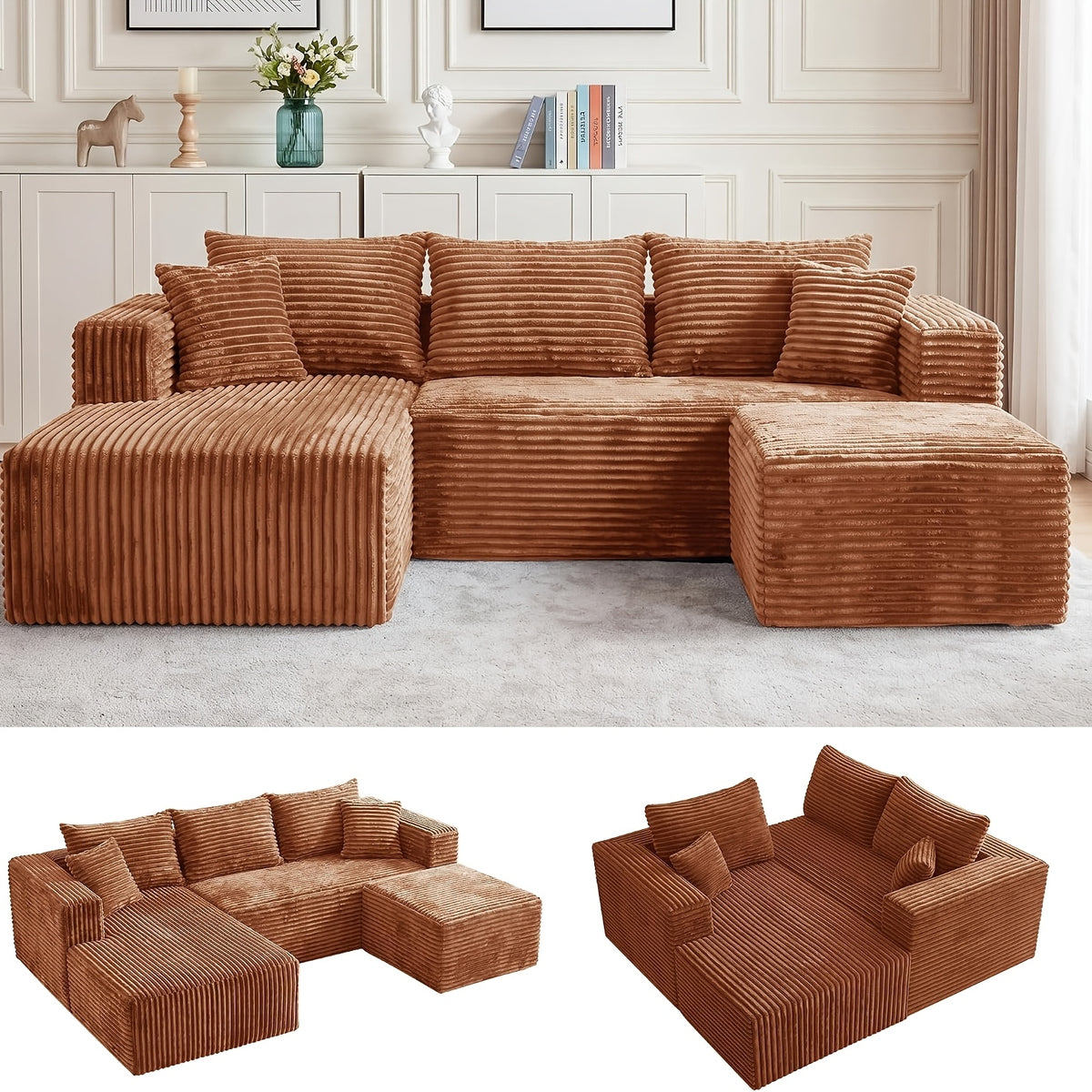 95 Inch L-Shaped Sectional Sofa, Fluffy Corduroy Cloud Sleeper Couch, Free Combination Boneless Sofa with Wide Chaise And Ultra-Deep Seating, Cozy Lounge Furniture for Apartment, Living Room, Easy Setup