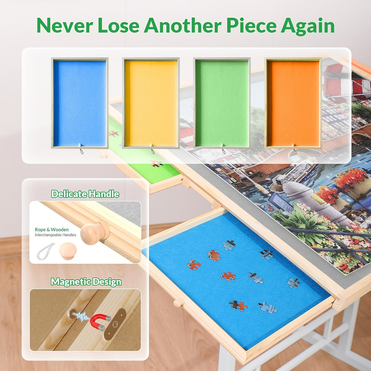 Adjustable Height Puzzle Table with Tilt Board And Sorting Trays, 35 X 26 Inches Large Puzzle Table for Up to 1500pcs, Smooth 28.4-35.4 Inch Height Range, Rolling Wheels, Stable Metal Frame, Portable Puzzle Station for Adults Seniors