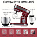 Household Vertical 6-in-1 Stand Mixers, 6-speed Pulse 6.3QT Tilting Kitchen Food Chef Machine, Equipped with Mixer, Dough Hook, Egg Beater, Spatula, Meat Grinder and Juicer Accessories, Red