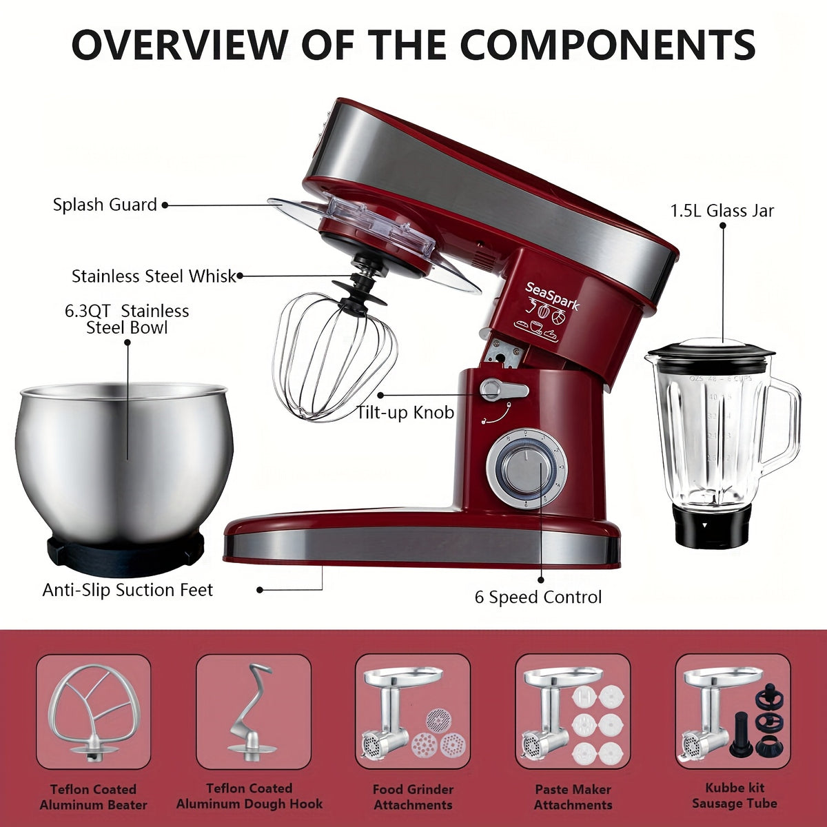 Household Vertical 6-in-1 Stand Mixers, 6-speed Pulse 6.3QT Tilting Kitchen Food Chef Machine, Equipped with Mixer, Dough Hook, Egg Beater, Spatula, Meat Grinder and Juicer Accessories, Red