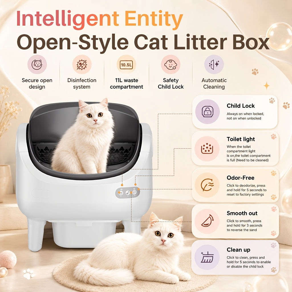 [Self-Cleaning Litter Box] Extra-Large Smart Self-Cleaning Litter Box with Built-In Sterilizing Light for Double Deodorization, Large-Capacity Waste Tray, 14-Day Automatic Cleaning, Open Design, Ideal Choice for Busy Households, Without Battery