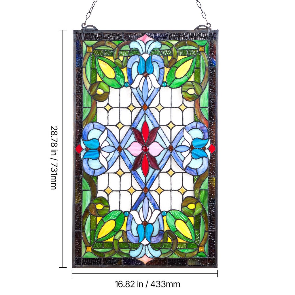 Stained Glass Tiffany Style Hanging Window Panel with Chain 17 x 29 Inches