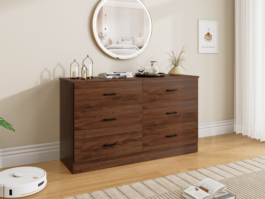 Kuajuz Brown Bedroom Dresser for Bedroom, 6 Drawers Dresser, Large Chest of Drawers Storage Organizer, Long Dresser TV Stand