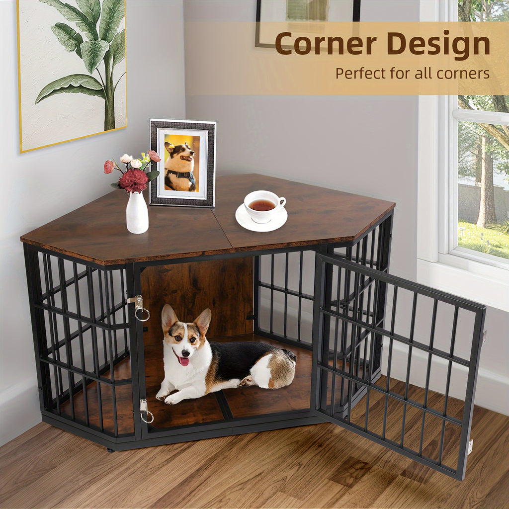 47"/52" Heavy Duty Corner Dog Crate Furniture - Rustic Brown Wooden Dog Cage with Double Sturdy Locks, Space-Saving Indoor Kennel & Side Table for Medium Dogs, Multi-Functional Pet House with Cushioned Floor & Decorative Top