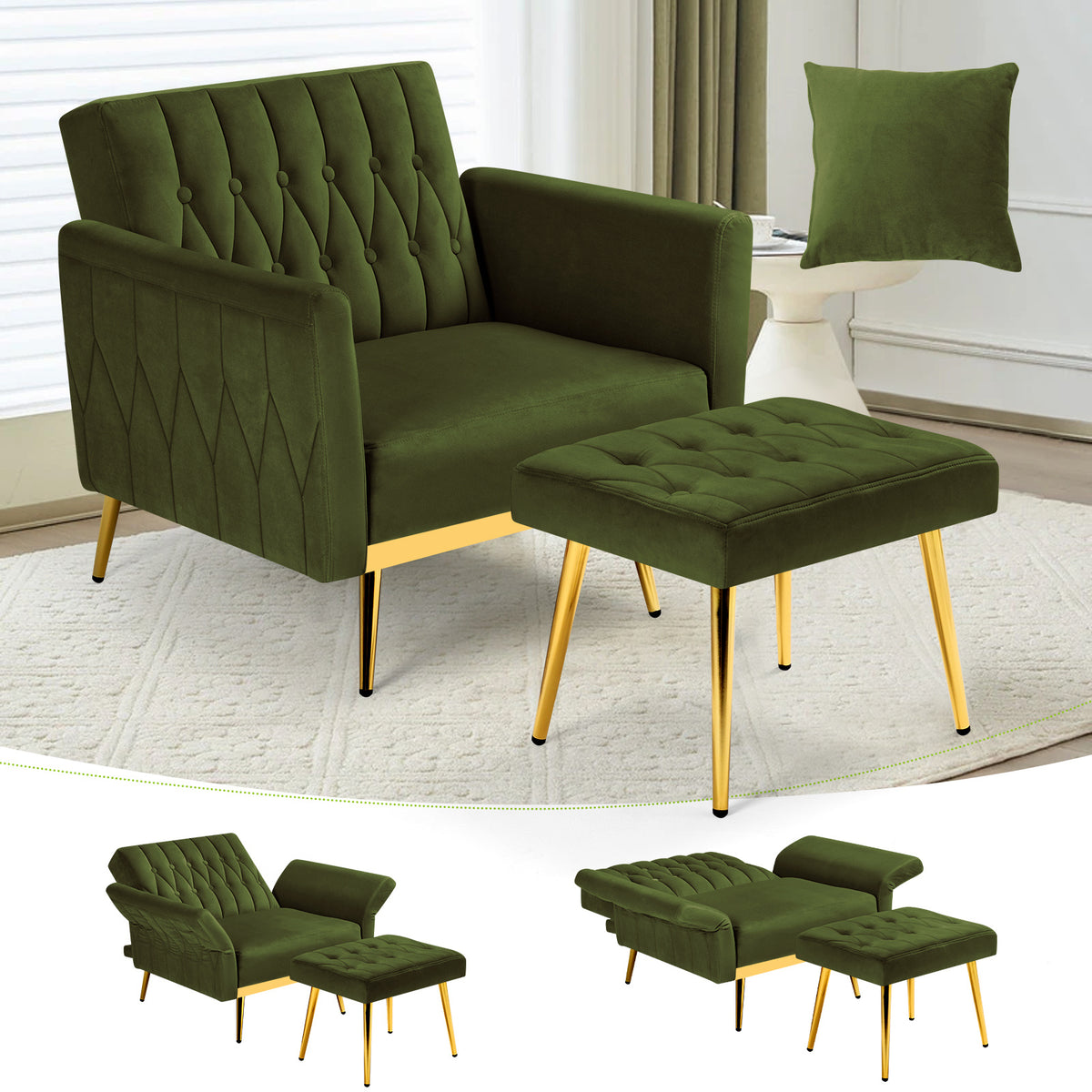 ACMEASE 31.5 Inch Velvet Adjustable Accent Chair with Ottoman & Pillow, Tufted Single Sofa Chair with Golden Metal Legs for Living Room