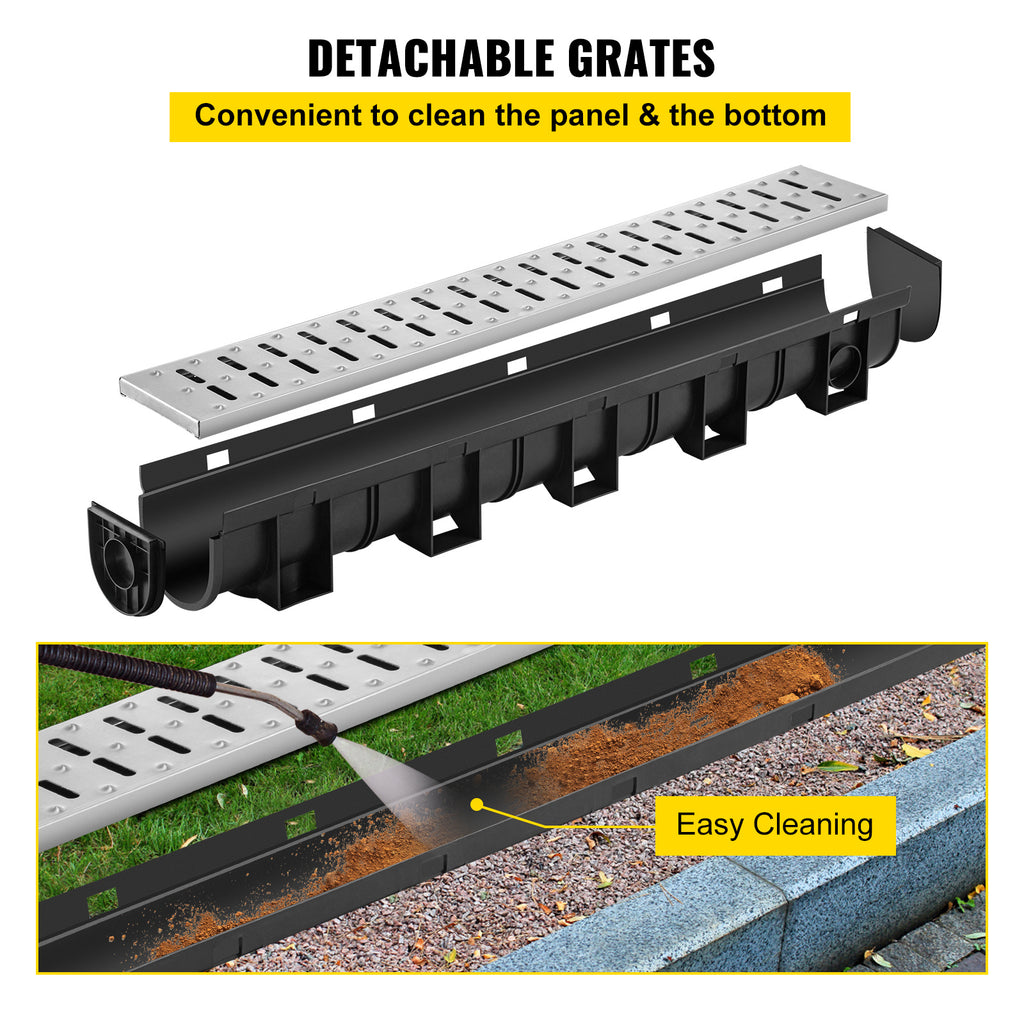 VEVOR Drainage System with Metal Grate, 5.9x5.1-Inch HDPE Channel for Garage Floors, Black Plastic Trench with End Caps, 3x39 Grate - 3 Pack