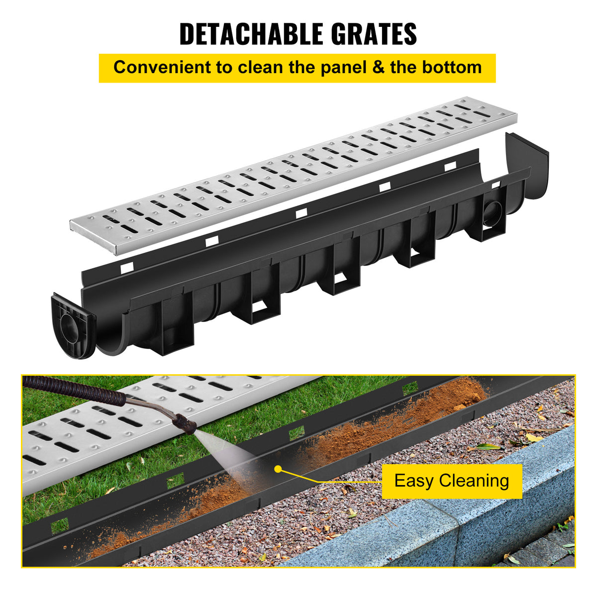 VEVOR Drainage System with Metal Grate, 5.9x5.1-Inch HDPE Channel for Garage Floors, Black Plastic Trench with End Caps, 3x39 Grate - 3 Pack