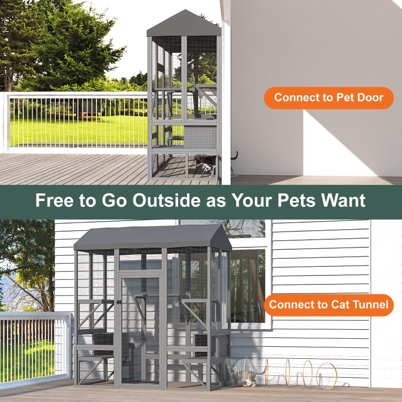 74 Inch Catio Outdoor Cat Enclosure, Large Cat House for Mulitiple Cats Walk In Cat Cage with Cover And Sunshine Panel Roof, Feral Cat Shelter with 7 Platforms And 2 Resting Box