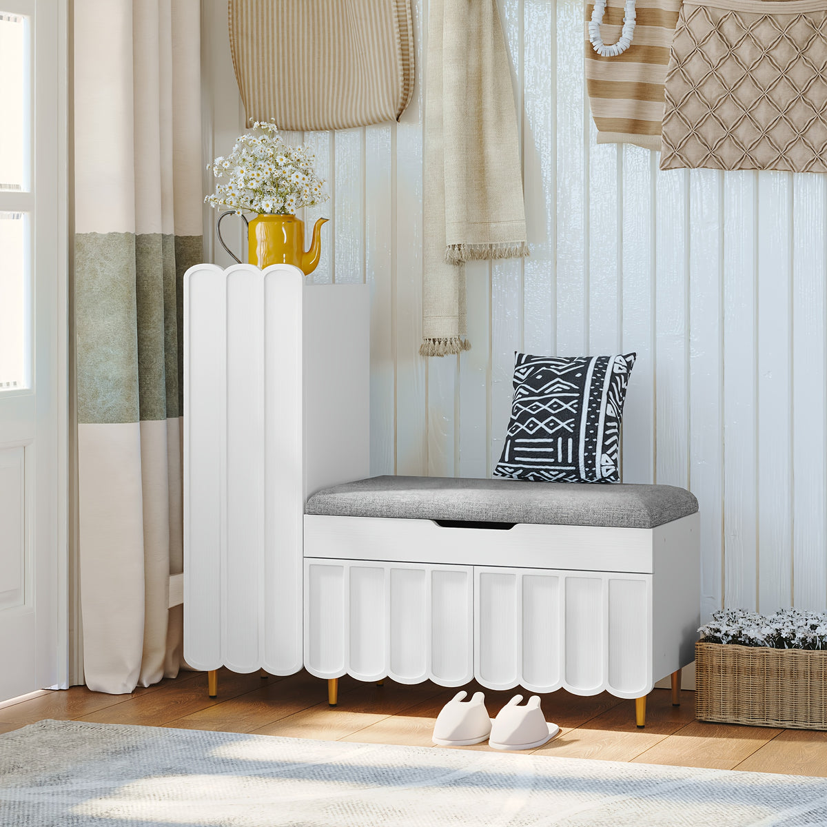 Shoe Organizer Cabinet, Entryway Bench With Adjustable Shelves And Cushioned Seat, Unique L-Shaped Bench Cabinet For Entryway