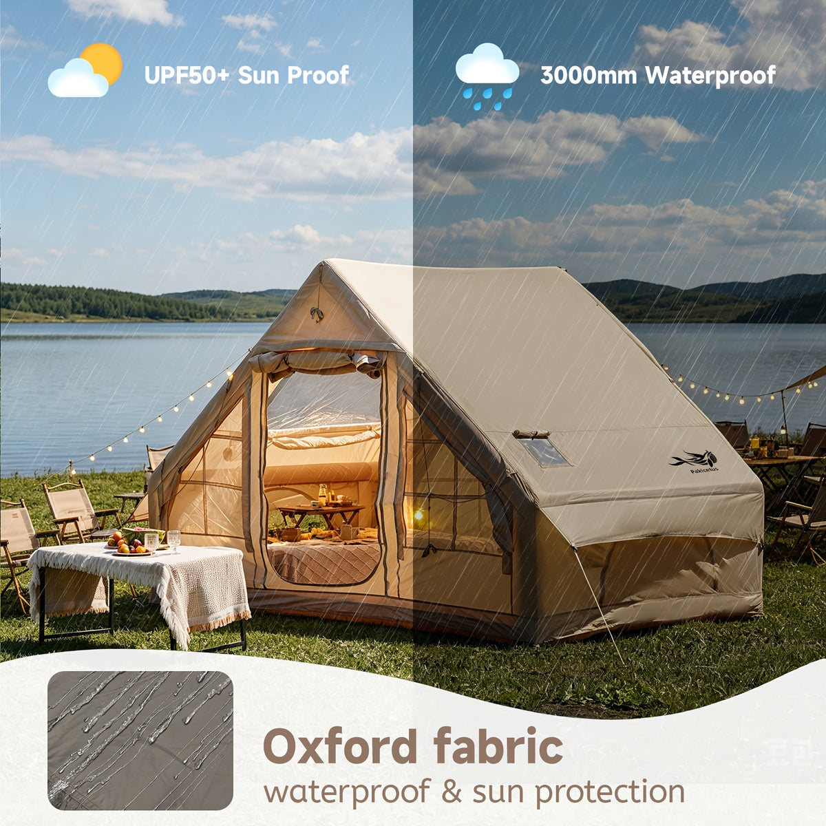 PAKICETUS Large Inflatable Camping Tent (Optional: Skylight, Stove Jack, and Door), Quick Air-Flow & Breathable Mesh Design, Summer Glamping Hot Tents for Camping with Stove, Quick Setup Inflatable Camping Tent for 4-6 Person Families, All-season