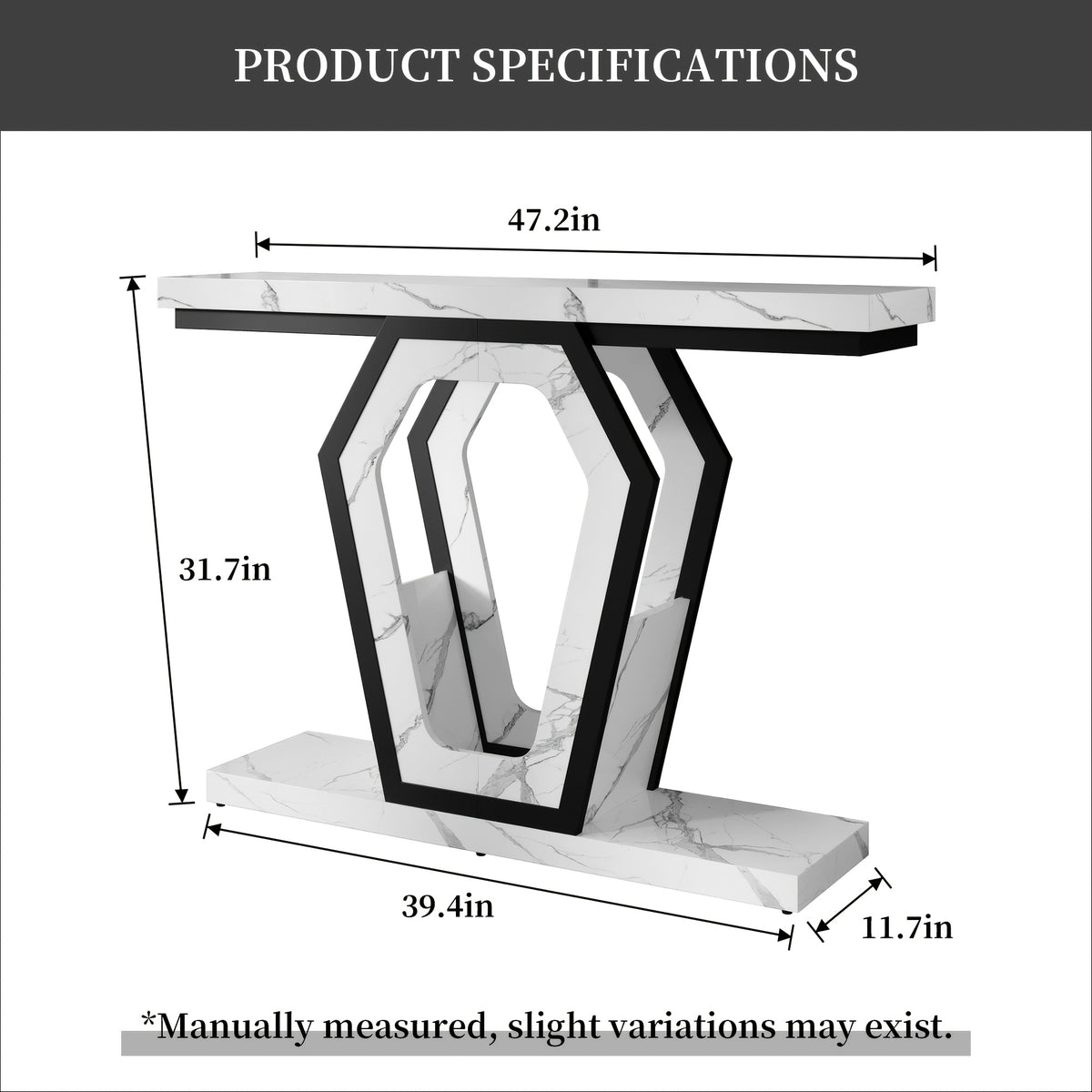 47.3" Modern Console Table with White Marble Texture, Narrow Sofa Table for Entryway & Hallway, Slim Behind Couch Table with Openwork Bracket, Foyer Table for Living Room, Easy Assembly