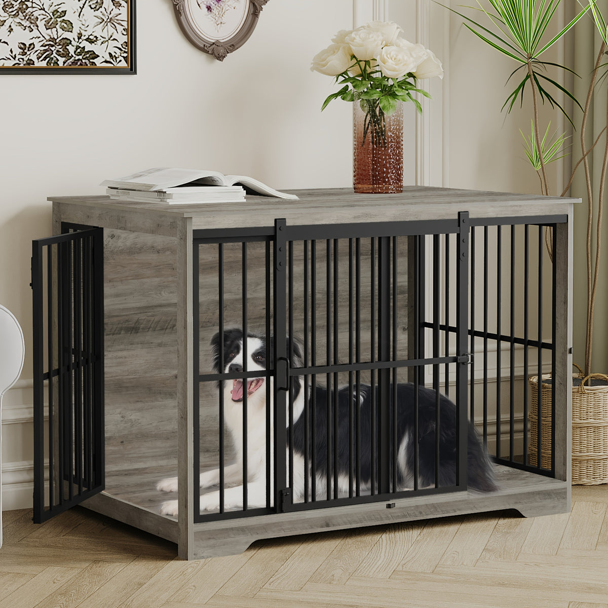 XL Large Dog Crate Furniture, 44.1" Indoor Dog Kennel Furniture with Barn Door, Wooden Tall Dog Crate, Heavy Duty Dog Cage for Large Dogs, Side End Table, Anti-Chew, Rustic Brown, Black, Greige Black, White Brown
