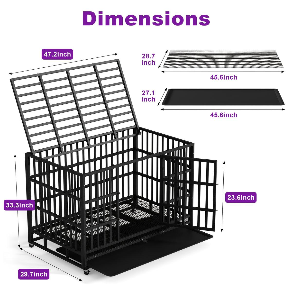 48inch Extra Large XXL Heavy-Duty Dog Crate - Double Door, Escape-Proof, Wheels, Removable Tray - Easy Cleaning Design For Large Breeds