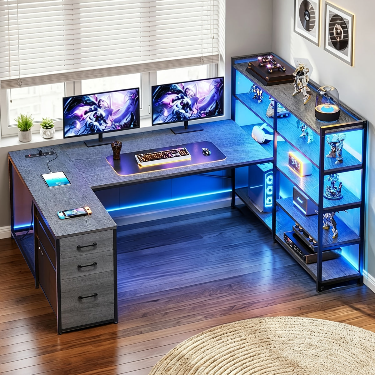 L-Shaped Desk with Storage Shelves, 64.5" Reversible U-Shaped Office Desk with 3 Fabric Drawers, Gaming Desk with Power Outlet & LED Strip, Large PC Workstation for Home Office, Brown/Black/White/Gray