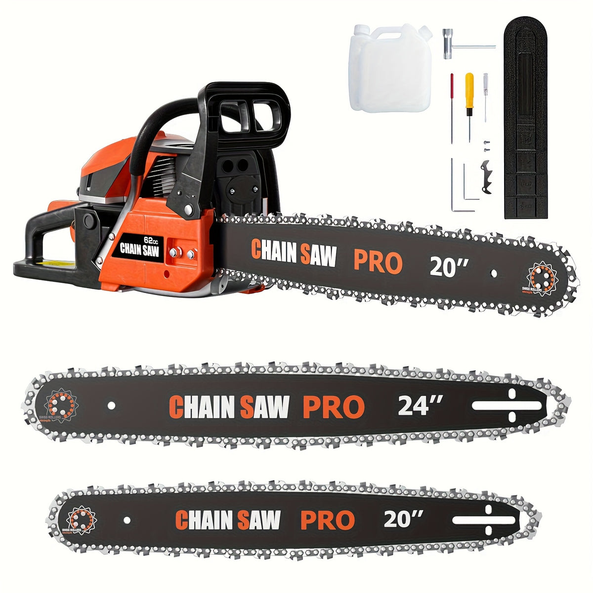 62CC Professional Chainsaw with 20 Inch, 22 Inch, 18 Inch, And 24 Inch Options, Featuring a 2-Stroke Engine, Ergonomic Non-Slip Handle, And Dual Fuel Tanks, Ideal for Cutting Wood, Trimming Trees, And Clearing Land