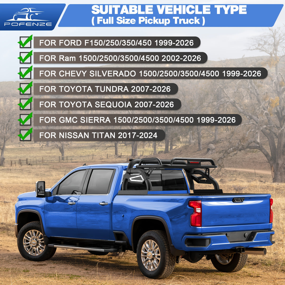 Truck Bed Sport Bar and Adjustable Cargo Basket for Full-Size F150 / Ram / Silverado / Tundra / Sierra / Titan