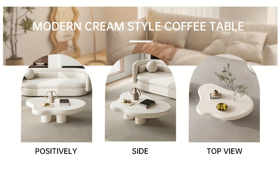Modern White Cloud Tea Table - Unique Irregular Shape, 4-Leg Design for Living Room or Coffee Area, 35.82 Inches, Minimalist Style with Rounded Edges and Sleek Finish APPLE