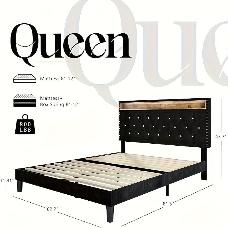Bed Frame with LED Lights, Velvet Upholstered Platform Bed with Storage Headboard, Charging Station And Diamond Tufted Design - No Box Spring Required - Easy Assembly - Black