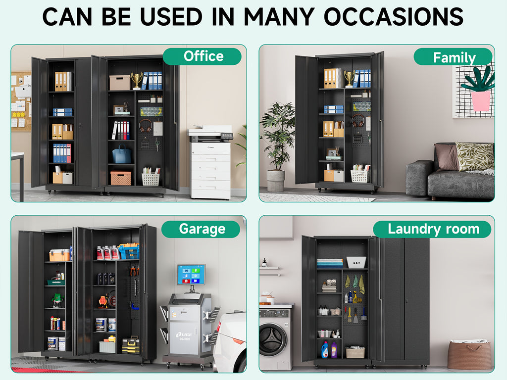 Metal Storage Cabinet with 4 Wheels, 71" H Metal Garage Cabinet, Broom Closet Storage Cabinet with Adjustable Shelves, Tool Storage Cabinets for Garage, Utility Room
