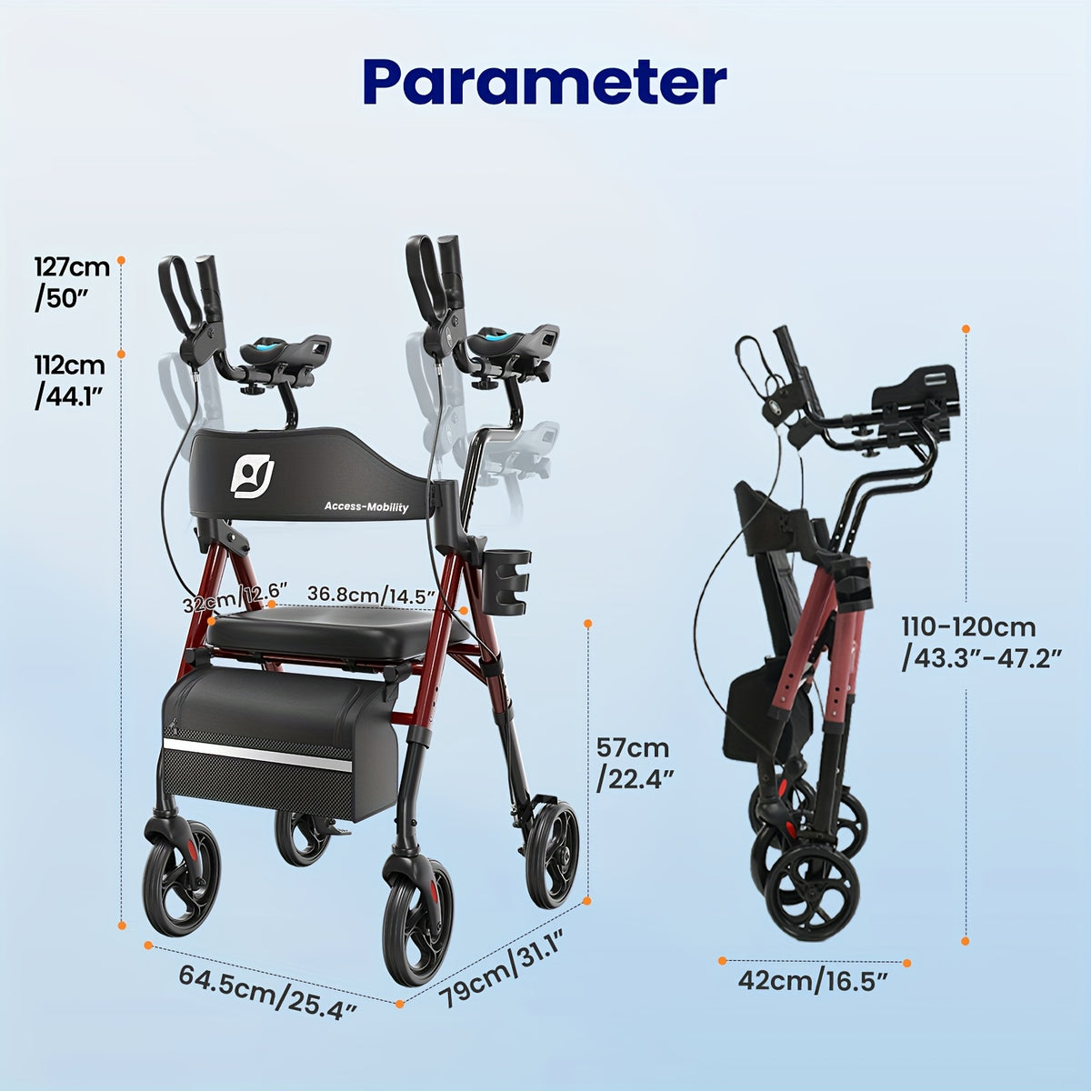 Maidesite Upright Walker, Stand Up Rollator Walker with Padded Seat and Backrest, Foldable Walker with Seat, Compact Folding, Fully Adjustment Frame, 8" Big Wheels for All Terrain, Ergonomic Seat and Backrest, Walkers for Seniors, Red