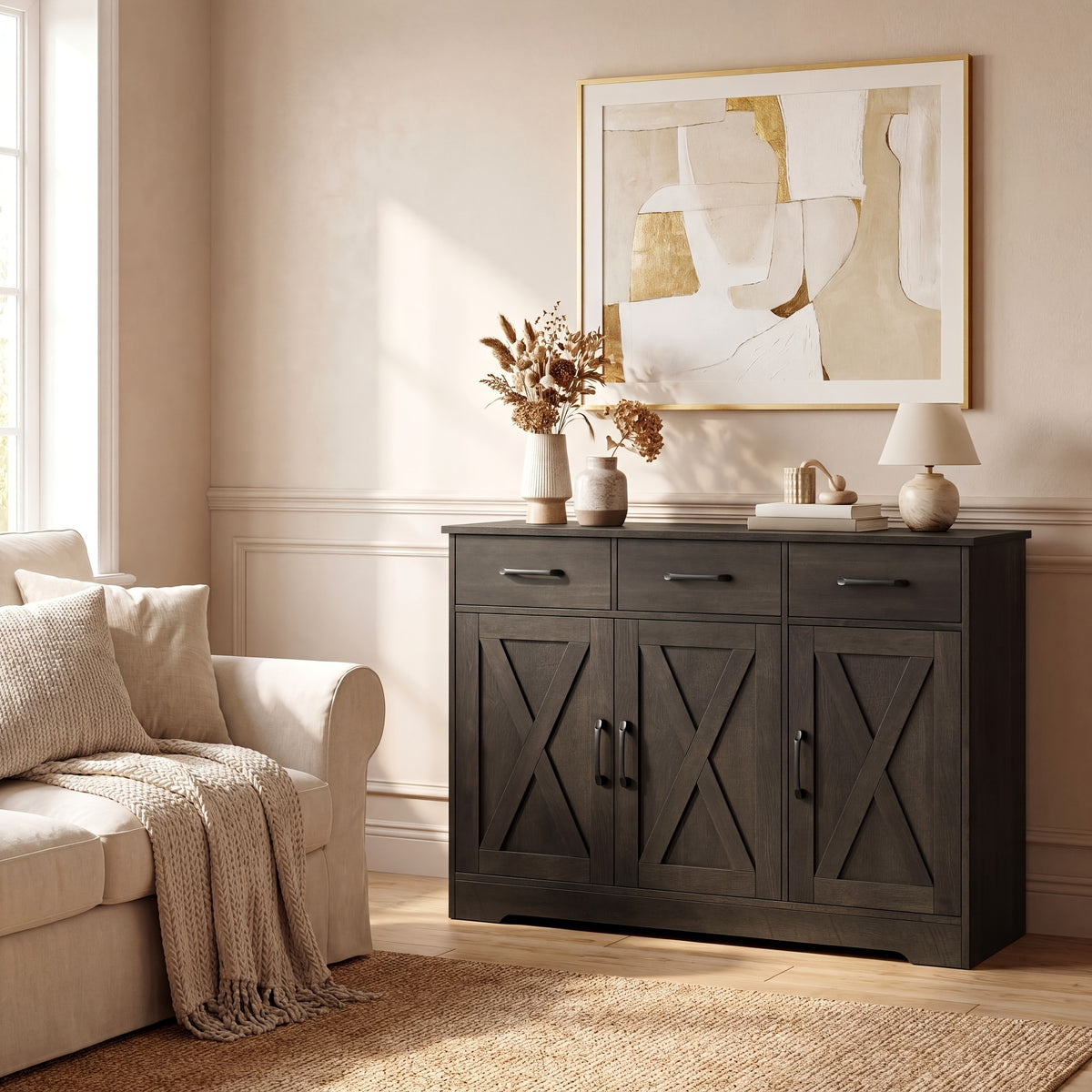 FULTRU Modern Farmhouse Cabinet with Barn Door & Sliding Panel Doors Suitable for Kitchen, Dining Room Storage, Freestanding Buffet Furniture with Drawers and Open Shelves, Assembly Required, Multifunctional Sideboard