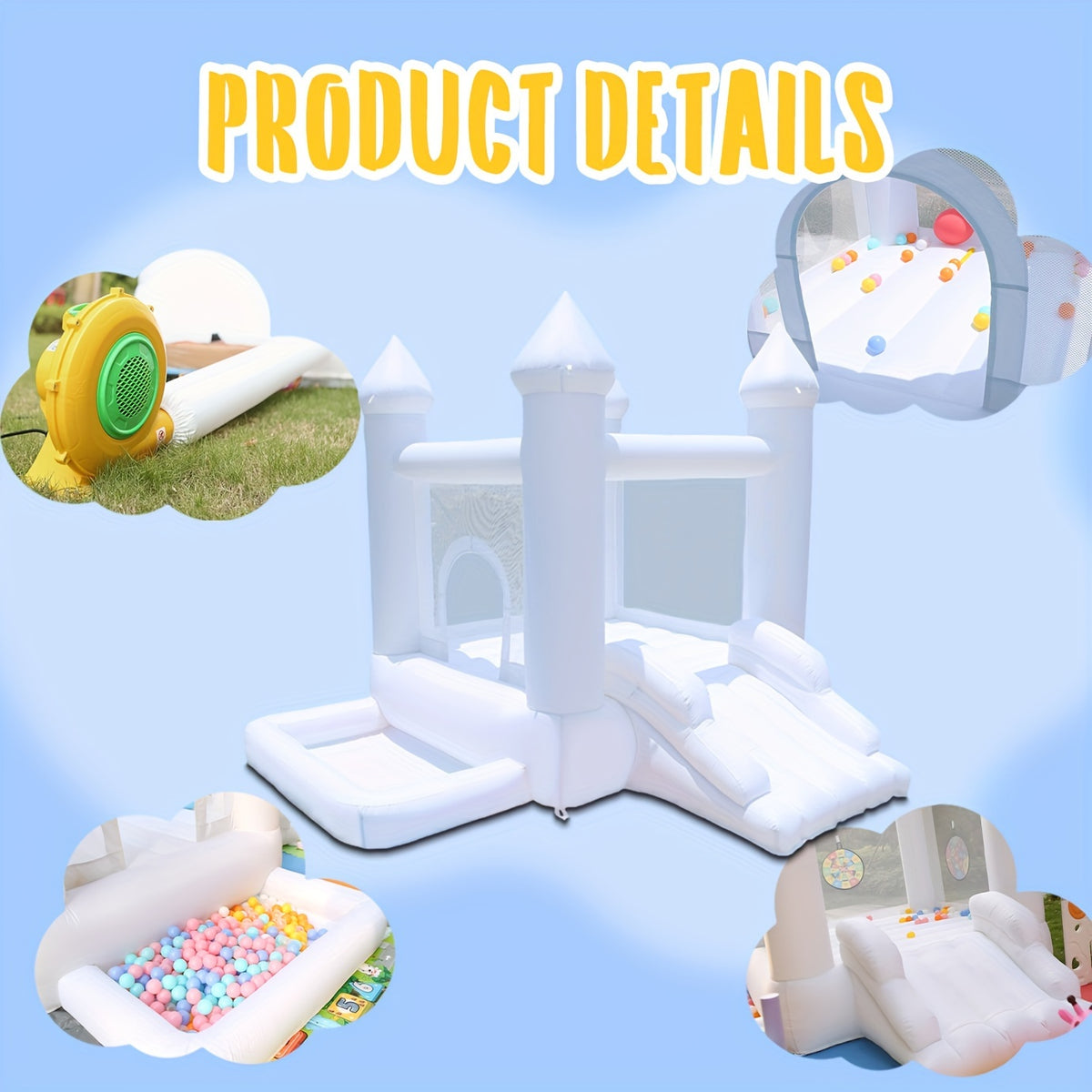 White Inflatable Castle, Suitable For Both Indoor And Outdoor Use, Equipped With A Blower, Ball Pit And Slide, Easy To Install, Suitable For Various Activities And Birthday Parties, Can Play For 2-3 Children.