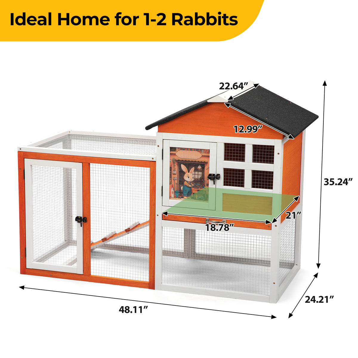 2-Tier Wood Rabbit Hutch, Indoor Outdoor Small Animal House with Removable Tray, Ramp, Openable Roof, Bunny Cage, Grey/Orange with Colorful Patterns
