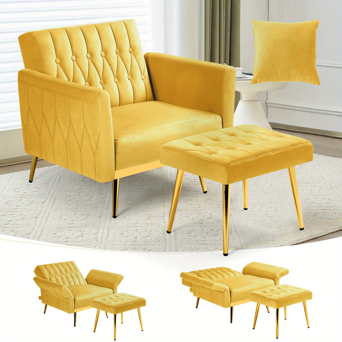 ACMEASE 31.5 Inch Velvet Adjustable Accent Chair with Ottoman & Pillow, Tufted Single Sofa Chair with Golden Metal Legs for Living Room