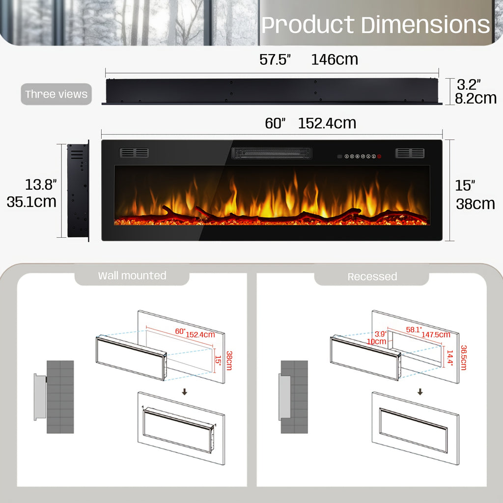 50/60/68/72 Inch Electric Fireplace, Recessed And Wall Mounted Fireplace, Fireplace Heater with Remote Control, Linear, Ultra-Thin Fireplace Heater with 12 Adjustable Flame Color, Log & Crystal Options, 750/1500W