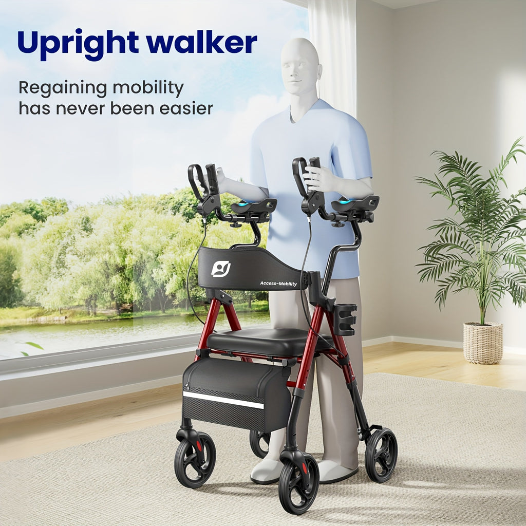 Maidesite Upright Walker, Stand Up Rollator Walker with Padded Seat and Backrest, Foldable Walker with Seat, Compact Folding, Fully Adjustment Frame, 8" Big Wheels for All Terrain, Ergonomic Seat and Backrest, Walkers for Seniors, Red