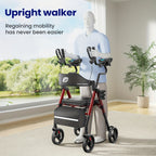 Maidesite Upright Walker, Stand Up Rollator Walker with Padded Seat and Backrest, Foldable Walker with Seat, Compact Folding, Fully Adjustment Frame, 8" Big Wheels for All Terrain, Ergonomic Seat and Backrest, Walkers for Seniors, Red
