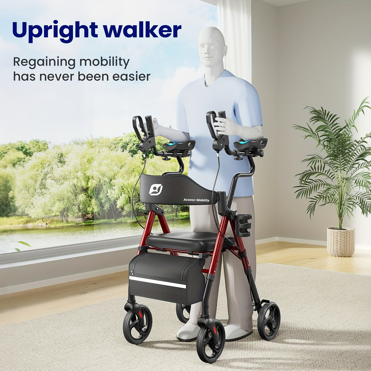 Maidesite Upright Walker, Stand Up Rollator Walker with Padded Seat and Backrest, Foldable Walker with Seat, Compact Folding, Fully Adjustment Frame, 8" Big Wheels for All Terrain, Ergonomic Seat and Backrest, Walkers for Seniors, Red