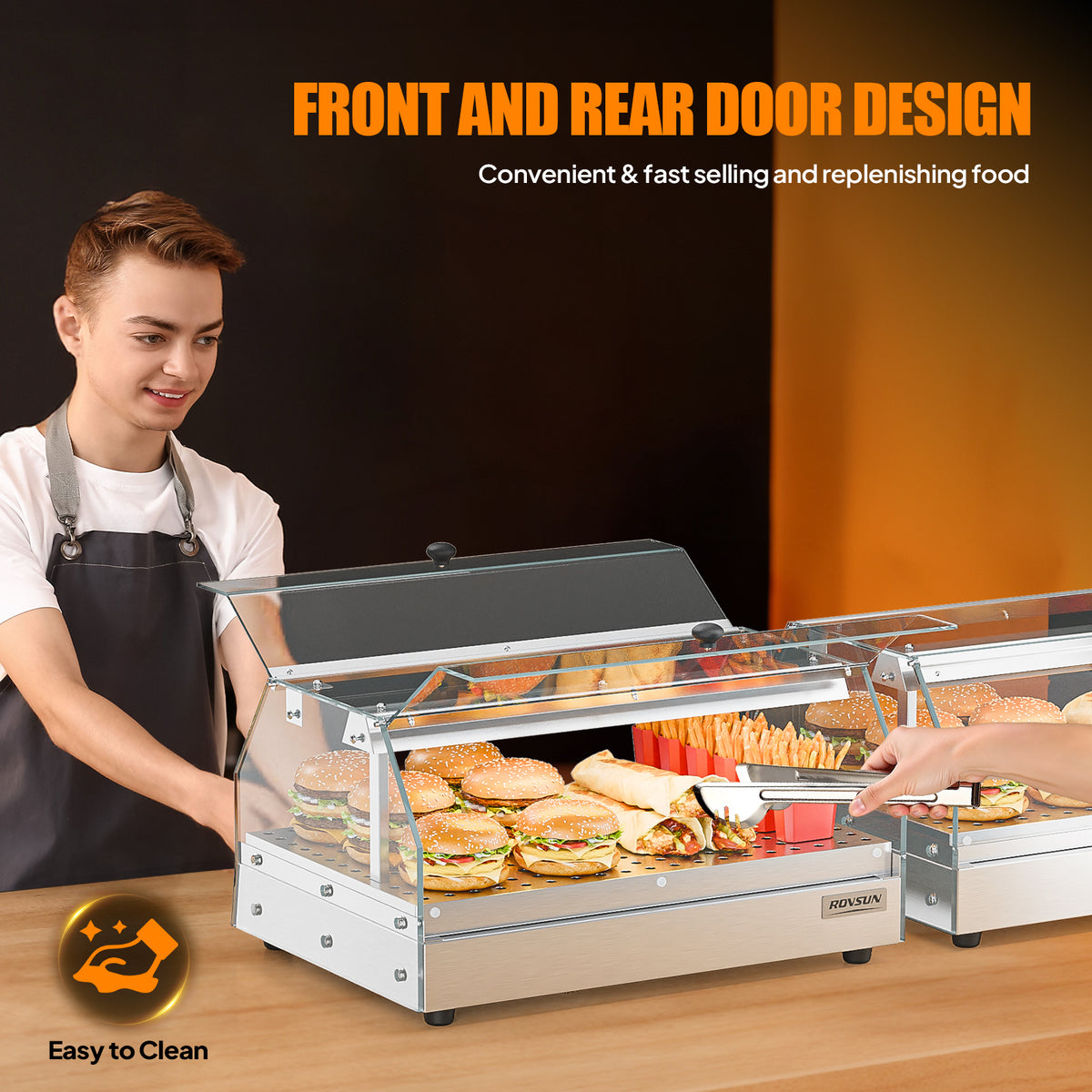 2-Tier Food Warmer Pizza Warmer Countertop, Food Warmer Display Pretzel Warmer with LED Lighting Front and Rear Doors, Electric Catering Hot Box Acrylic for Buffet Restaurant Cafe