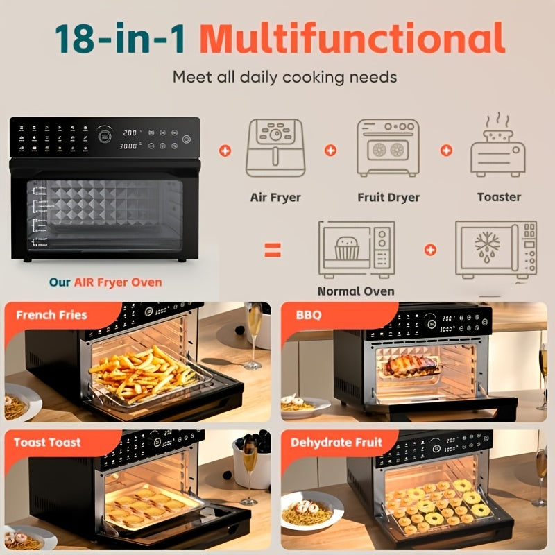 Extra Large 32-Quart Air Fryer, Digital Air Fryer Oven, and Toaster Oven Combo - 20-in-1 Countertop Convection Oven with 13" Pizza Pan, 7 Accessories, Clear Door, 1800W Dual Cooking, 360° Hot Air Circulation for Healthy Meals - Black. 86-450℉.