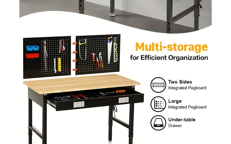 96"84"72"60"48"Adjustable Height Workbench with Power Outlet & Pegboard, 28"-40"Height Heavy Duty Solid Wood Work Table with 2000 to 5000 LBS Load Capacity for Garage, Shop, Office, Home