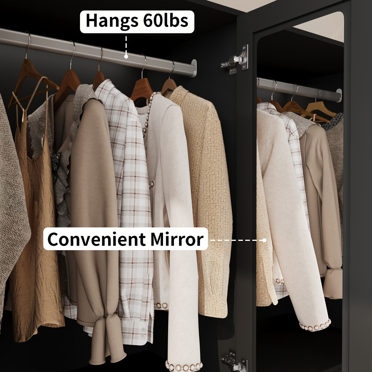 31.5"/47"/63" Large Wardrobe Armoire Closet with Hanging Rod, Mirror And Doors, Drawers & Shelves, for Bedroom