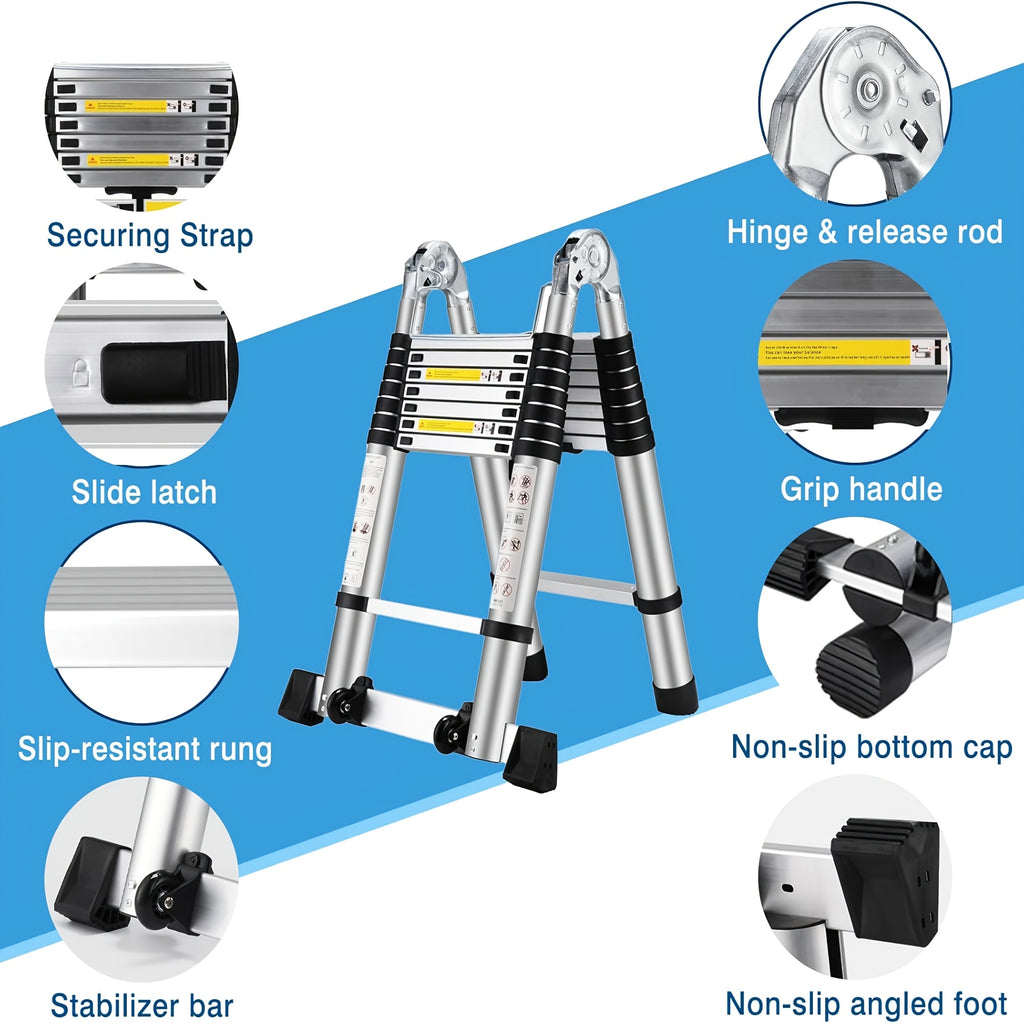17 FT A-Frame Telescopic Ladder, Adjustable Multi-Purpose Collapsible Extension with Balance Bar And Wheels, Heavy Duty 450 Lbs Max Capacity, Ideal for Home And Outdoor Work, Thickened Aluminum Material, Silver
