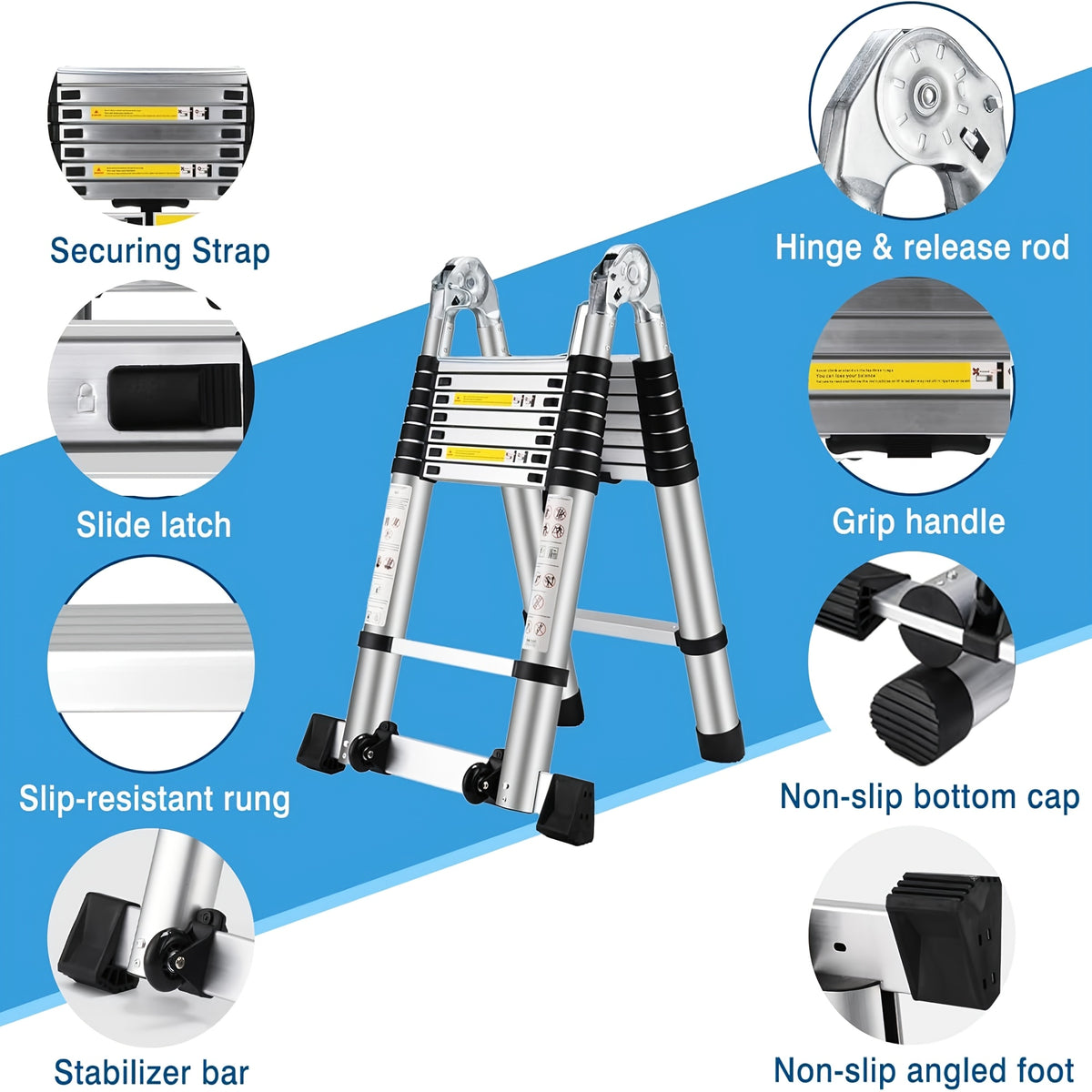 17 FT A-Frame Telescopic Ladder, Adjustable Multi-Purpose Collapsible Extension with Balance Bar And Wheels, Heavy Duty 450 Lbs Max Capacity, Ideal for Home And Outdoor Work, Thickened Aluminum Material, Silver