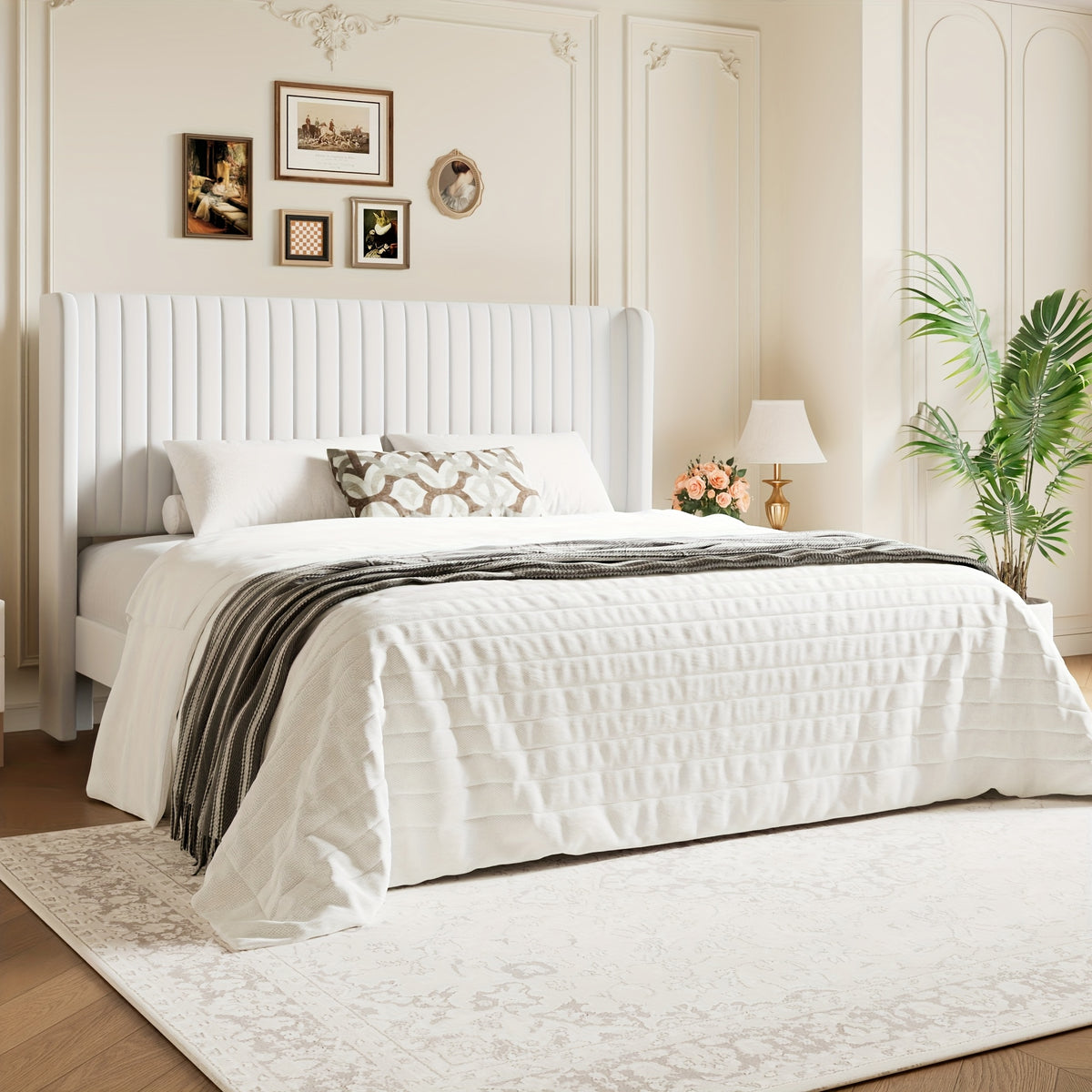 WEEWAY Wingback Velvet Upholstered Platform Bed Frame, Vertical Channel Tufted Headboard, Wooden Slats Support, Heavy Duty Mattress Foundation, No Box Spring Needed, Easy Assembly, Avabliable Full/Queen/King Size, Free Shipping