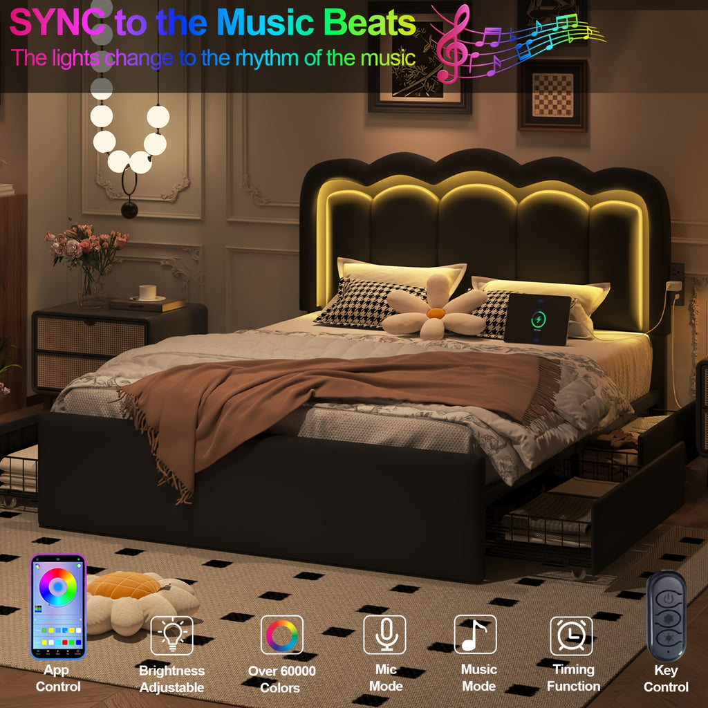 Upholstered Platform Bed Frame with 4 Storage Drawers & Adjustable Headboard, Full/Queen Size Bed Frame with LED Lights & Charging Station, Strong Metal Slats Support, No Box Spring Needed, Easy Assembly, Black/White