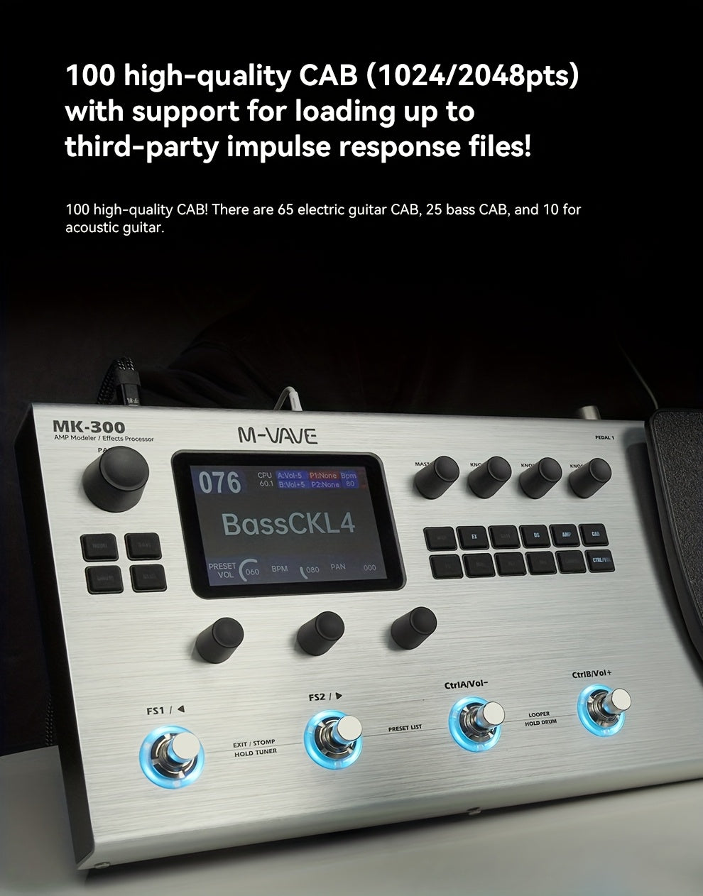 M-VAVE MK-300 -in- Electric Guitar & Bass Multi-Effects Processor with Drum Machine Backing Loop, Emulated Amplifier Suitable for Studios, Performances, Recording Gear, Looping Effects Unit