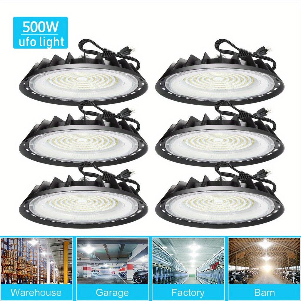 6pcs 500W UFO LED High Bay Light Fixture, 90-277V, High Bay LED Shop Lights, Cold White 6000K with 4ft US Plug, IP65 Commercial Bay Lighting for Warehouse Factory Barn Shop