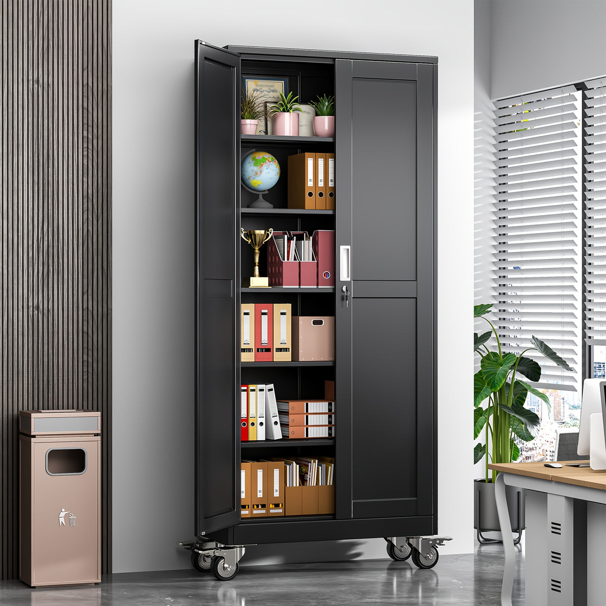 61/71/75 Inch High Wheeled Metal Storage Cabinet with 2 Doors And Adjustable Partitions, Metal Filing Cabinet, Suitable for Home Offices, Kitchens, Warehouses, And Garages