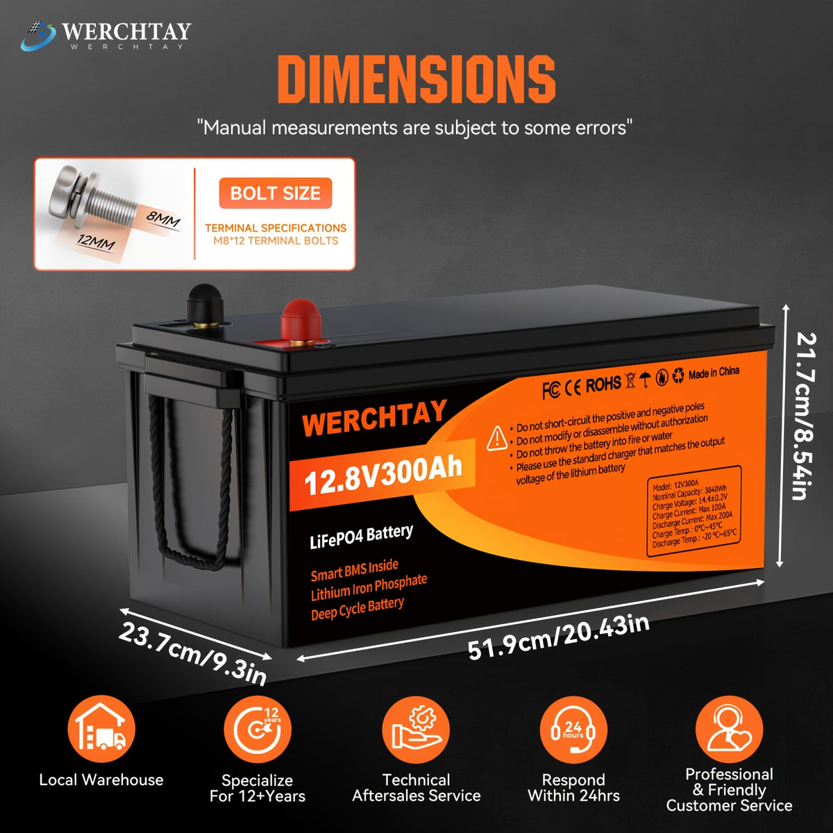 [Intelligent BMS Protection] WERCHTAY 12.8V LiFePO4 Battery 300/200/100Ah, Equipped with A+ Grade Battery Chips, 25000+ Deep Cycle Cycles, Intelligent BMS with Overcharge and Over-Discharge Protection, Suitable for Home Energy Storage, Outdoor RVs, and Of
